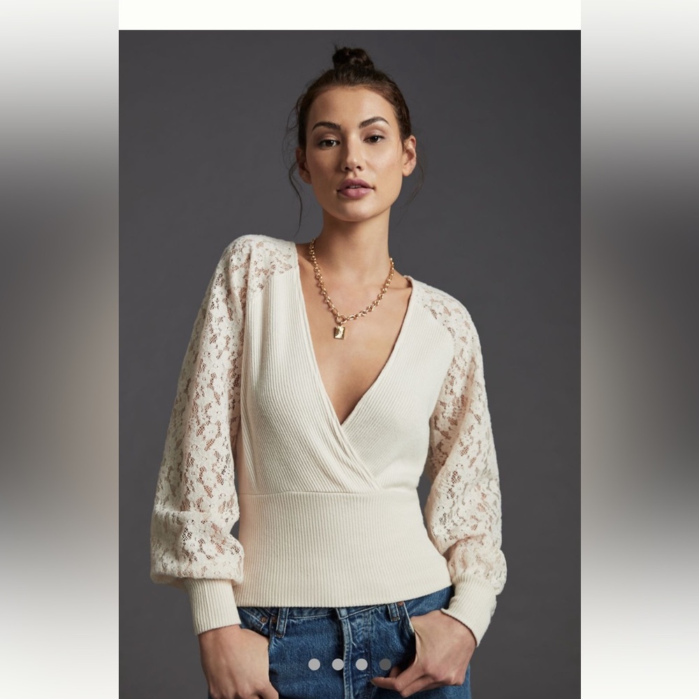 Anthropologie NWT Elegant  Wrap Cream Lace Sleeve Top